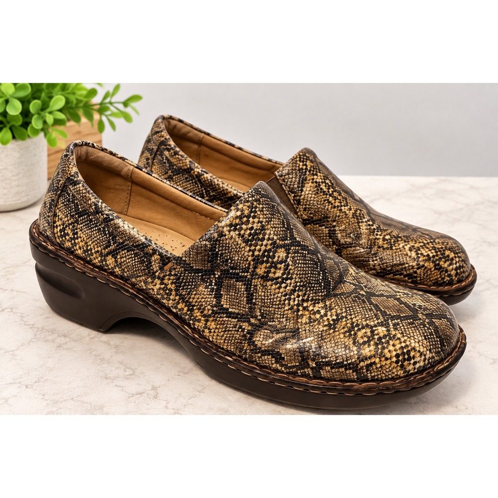 BOC Sz 11 Shoes Leather Clogs Slip On Snakeskin Print Comfort Cushion Low Wedge
